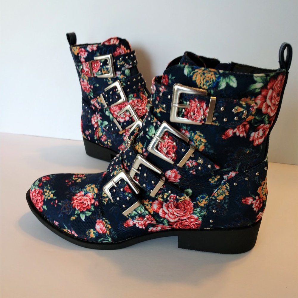 Qupid Rose Print Blue Denim Ankle Boots Buckles 5.5 - 10 - Picture 5 of 11